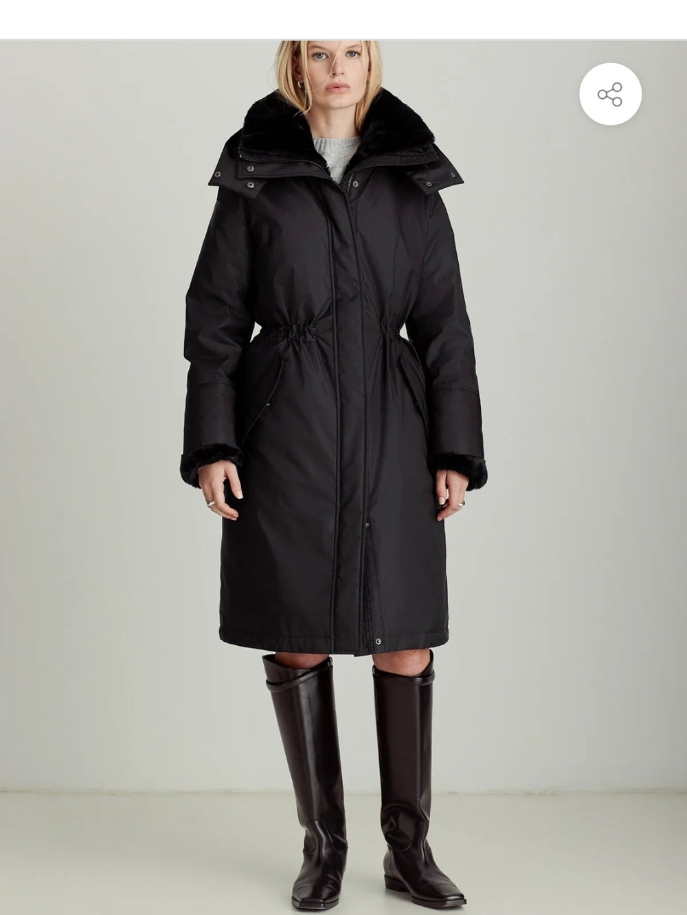 Dawn Levy Black Long Puffer Coat with Faux Fur Trim